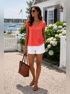 Lucky Brand Coral Slub Knit Floral Appliqué Scoop V-Neck Tee